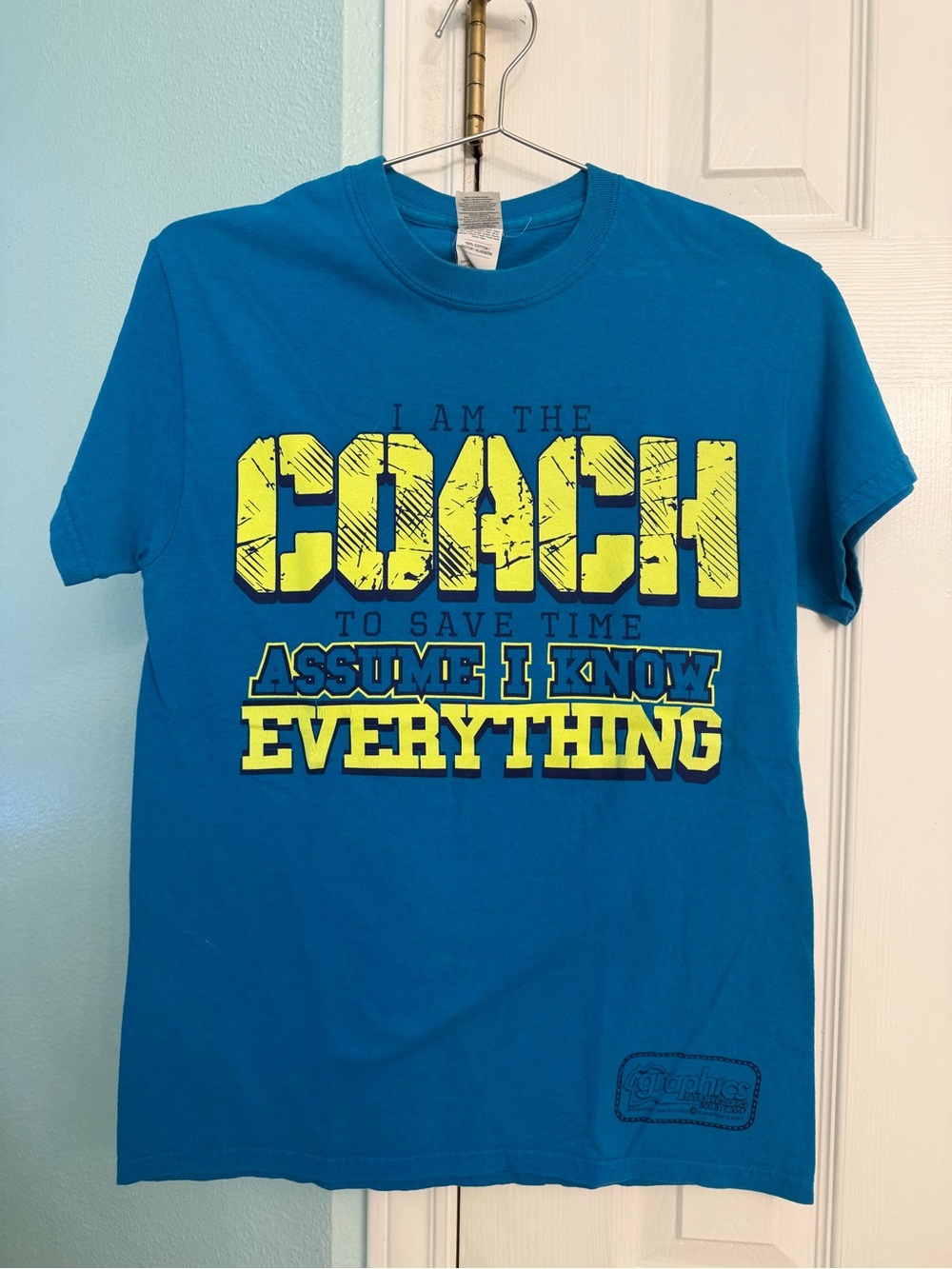 Gildan Blue Graphic 'Coach' Tee with Yellow Print
